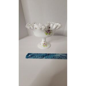 Vintage Hand Painted Fenton Silver Crest Violets In The Snow Compote Signed‎